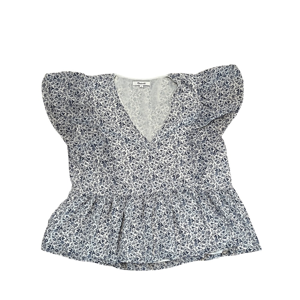 Madewell Georgette Ruffle Sleeve Peplum Top Blue & White Floral Print Size L